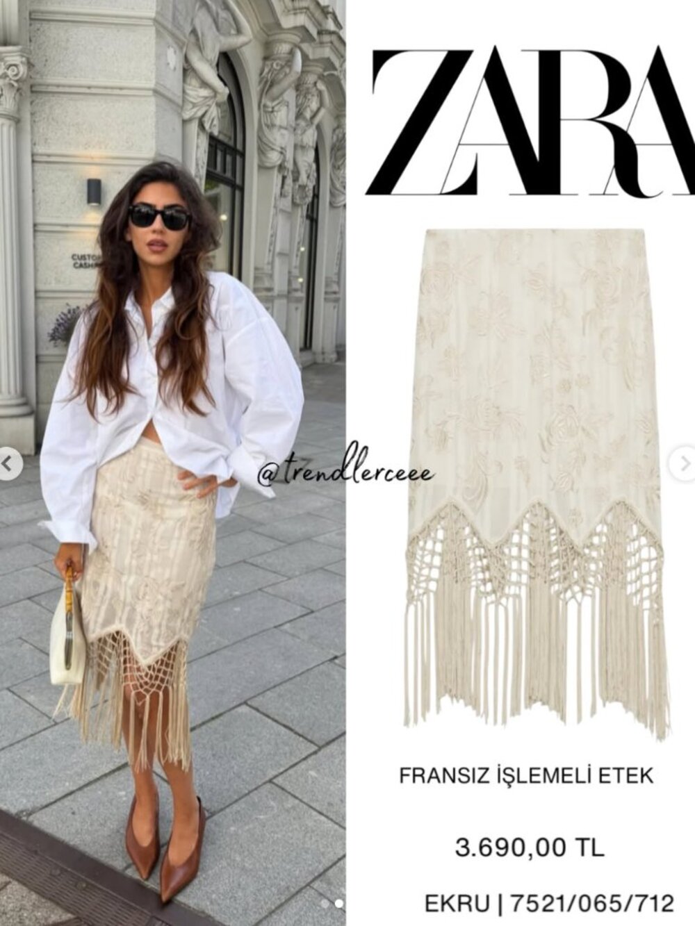 ZARA ZW COLLECTION EMBROIDERED FRINGED SKIRT ECRU 7521/065/712 SMALL S VIRAL - Picture 2 of 2